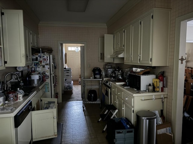 kitchen featuring white cabinetry, white appliances, sink, and crown molding