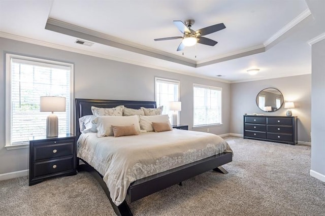 4765 Silver Leaf Dr, Cumming, GA 30040 - bedroom with a tray ceiling, ornamental molding, light colored carpet, and ceiling fan