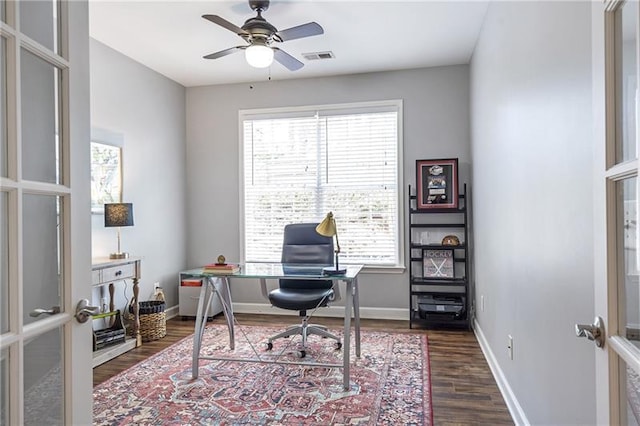 4765 Silver Leaf Dr, Cumming, GA 30040 - home office featuring plenty of natural light, dark wood finished floors, and a ceiling fan