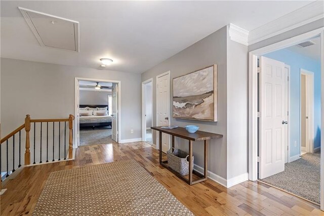 4765 Silver Leaf Dr, Cumming, GA 30040 - hallway with attic access, light wood-type flooring, and an upstairs landing