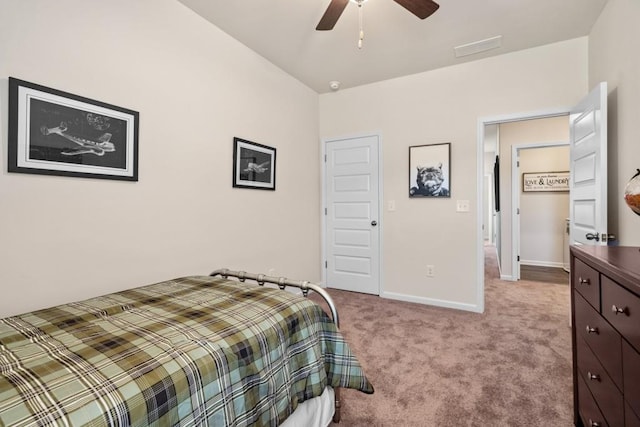 bedroom with ceiling fan and light colored carpet