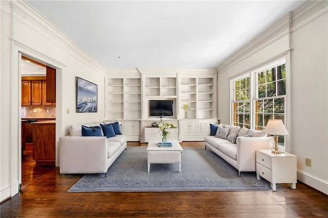 living room featuring baseboards, built in shelves, ornamental molding, and dark wood finished floors