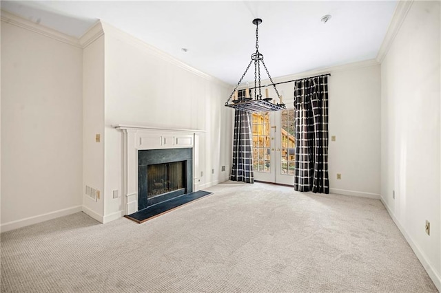 unfurnished living room featuring baseboards, carpet floors, a fireplace with raised hearth, and ornamental molding