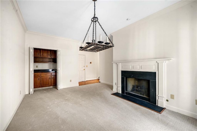 unfurnished living room with a fireplace, baseboards, crown molding, and light colored carpet