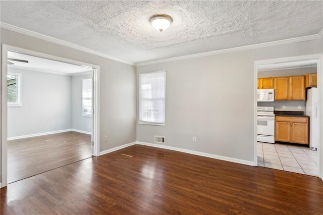 interior space with crown molding, a textured ceiling, and light wood-type flooring