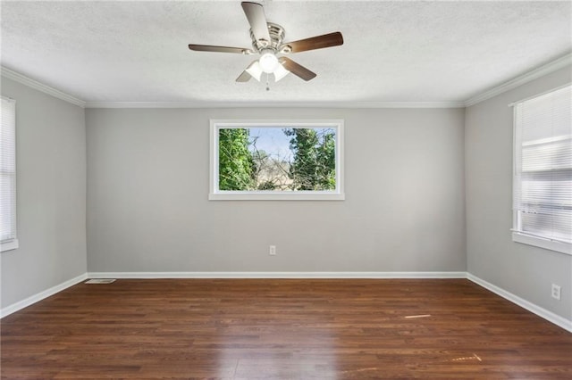 unfurnished room featuring crown molding, dark hardwood / wood-style flooring, and a textured ceiling