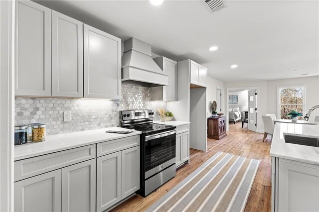 kitchen featuring tasteful backsplash, visible vents, stainless steel electric range, custom exhaust hood, and a sink