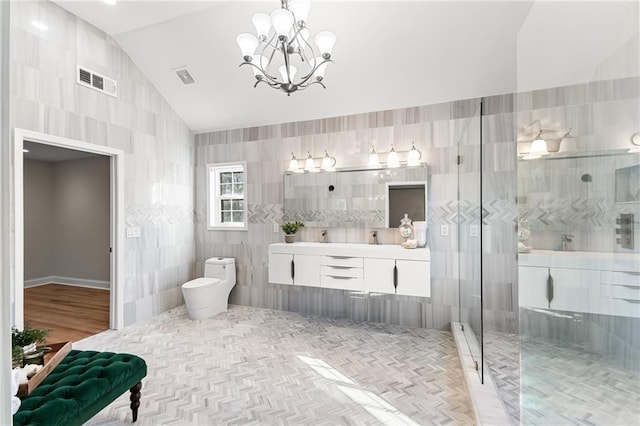 full bathroom featuring visible vents, walk in shower, lofted ceiling, a notable chandelier, and tile walls
