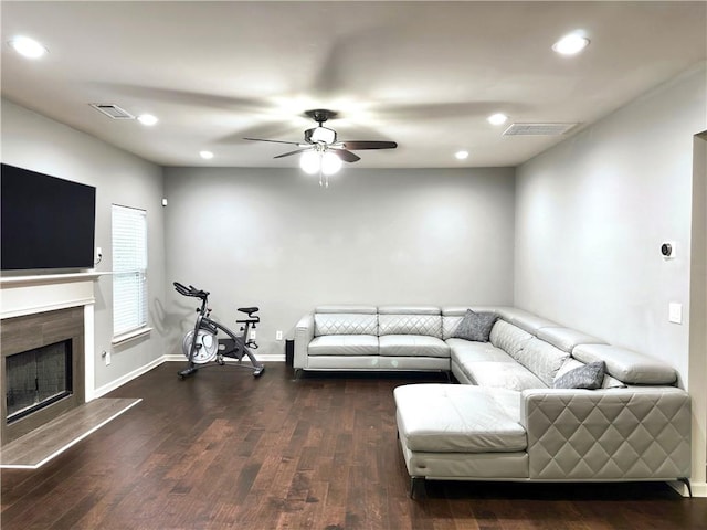 1015 Pebble Creek Trl, Suwanee, GA 30024 - living room featuring a ceiling fan, wood finished floors, a fireplace, visible vents, and recessed lighting