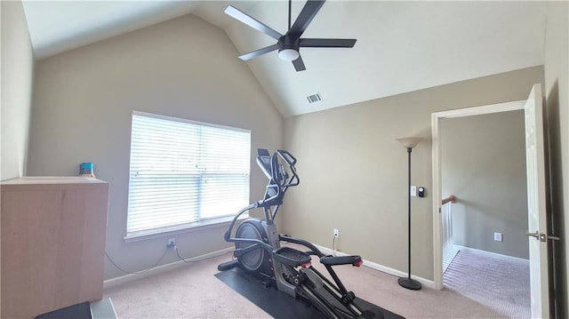 1015 Pebble Creek Trl, Suwanee, GA 30024 - workout area with vaulted ceiling, carpet, baseboards, and ceiling fan