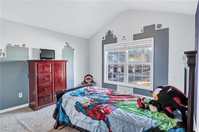 bedroom featuring carpet flooring and lofted ceiling