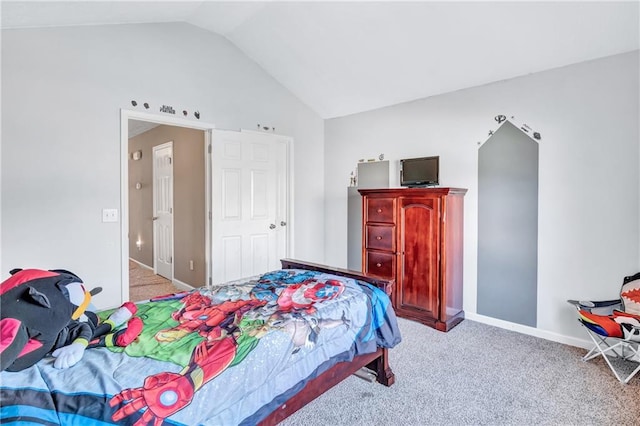 bedroom with light carpet and vaulted ceiling