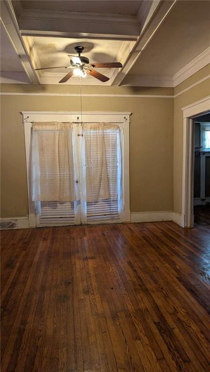 unfurnished bedroom with wood-type flooring, coffered ceiling, crown molding, and baseboards