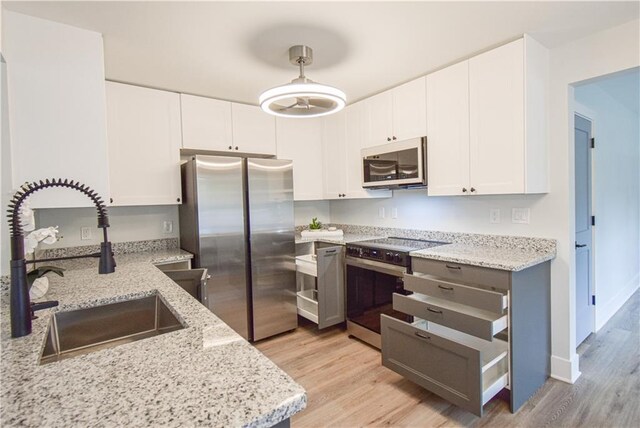 kitchen with white cabinetry, appliances with stainless steel finishes, light stone counters, and a sink