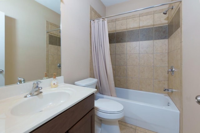 full bathroom with vanity, shower / tub combo, tile patterned flooring, and toilet