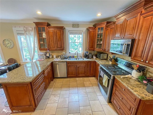 kitchen featuring light stone countertops, sink, appliances with stainless steel finishes, and ornamental molding