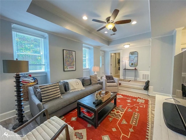 living room featuring hardwood / wood-style flooring, plenty of natural light, and a raised ceiling