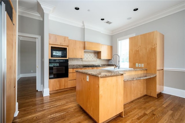 3657 Peachtree Rd NE Unit 4A, Atlanta, GA 30319 - kitchen featuring black appliances, wood finished floors, light stone countertops, backsplash, and crown molding