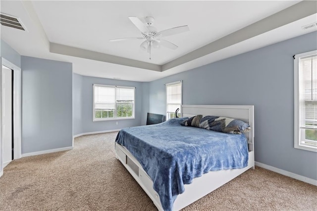 bedroom with a raised ceiling, ceiling fan, and carpet