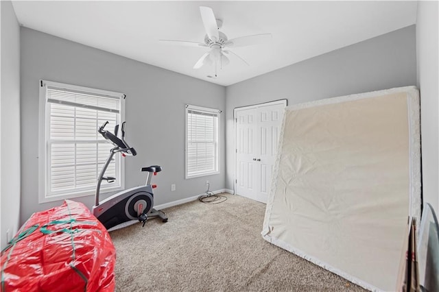 workout area featuring carpet floors and ceiling fan