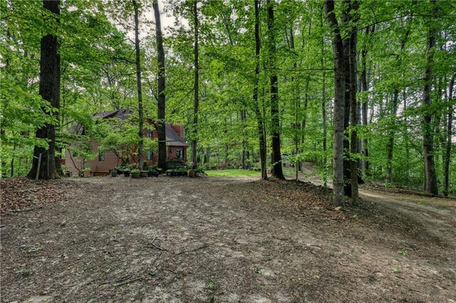 view of yard featuring a forest view
