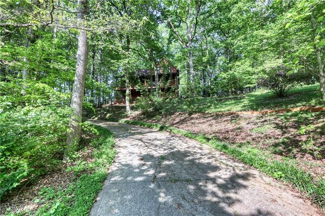 view of road with driveway and a wooded view