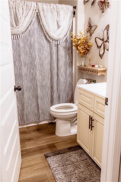 bathroom with vanity, hardwood / wood-style floors, and toilet