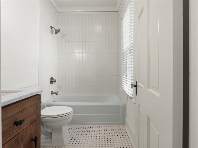 full bathroom with tile patterned flooring, shower / tub combination, vanity, and toilet