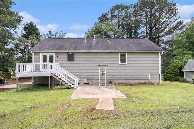 28 Fawn Ct, Sharpsburg, GA 30277 - rear view of property with a patio, a wooden deck, stairs, a yard, and french doors