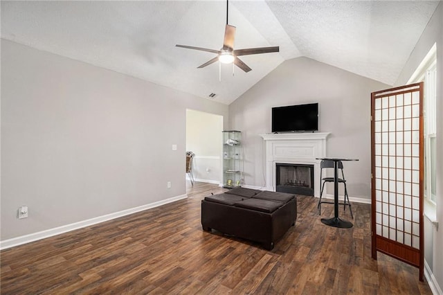 28 Fawn Ct, Sharpsburg, GA 30277 - living area with lofted ceiling, ceiling fan, wood finished floors, a fireplace, and a textured ceiling