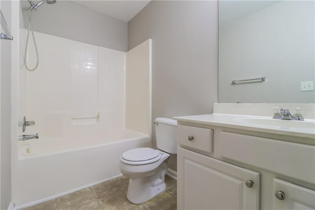 full bathroom featuring shower / tub combination, vanity, toilet, and tile patterned floors