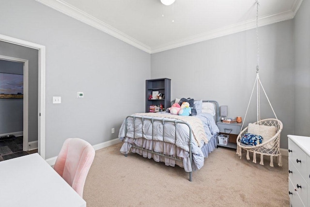 carpeted bedroom featuring ornamental molding