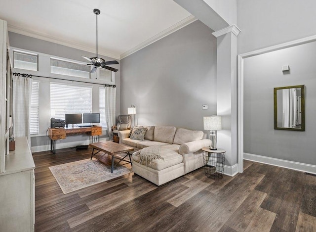 living room featuring ceiling fan, dark hardwood / wood-style flooring, ornamental molding, and decorative columns