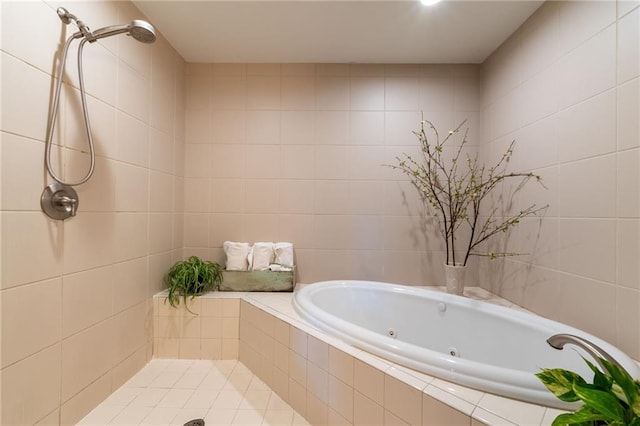 full bathroom with tiled shower, tile walls, and a tub with jets