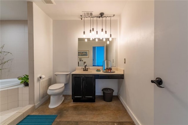 full bathroom featuring tiled bath, visible vents, baseboards, and toilet