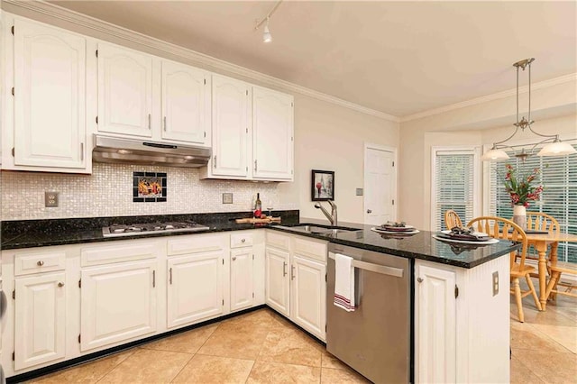 kitchen with dishwasher, a sink, under cabinet range hood, a peninsula, and light tile patterned floors