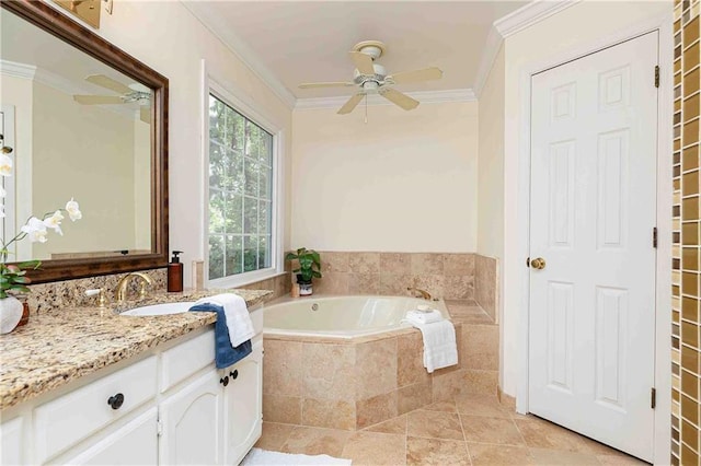 full bath with ceiling fan, a bath, ornamental molding, and vanity