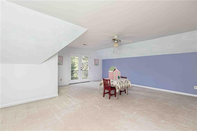 playroom featuring french doors, carpet floors, ceiling fan, and baseboards