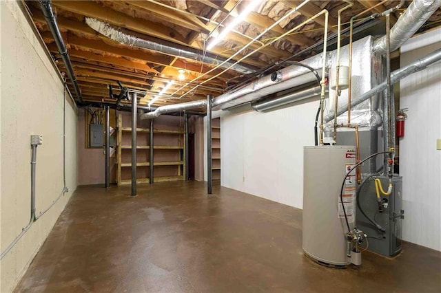 unfinished below grade area with water heater and electric panel
