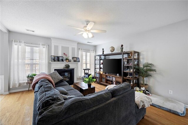 212 Regent Sq, Woodstock, GA 30188 - living room with visible vents, a glass covered fireplace, baseboards, a ceiling fan, and light wood finished floors