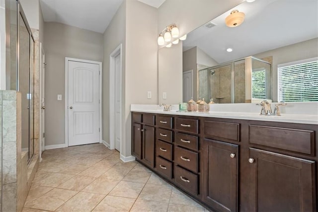 4275 Hunters Walk Way, Cumming, GA 30028 - full bathroom with double vanity, a stall shower, tile patterned floors, and vaulted ceiling