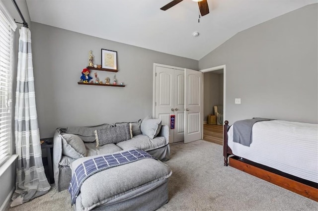 4275 Hunters Walk Way, Cumming, GA 30028 - carpeted bedroom featuring multiple windows, vaulted ceiling, a closet, and a ceiling fan