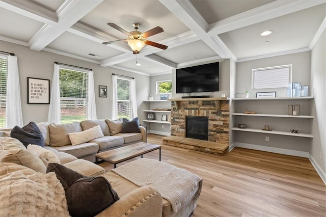 4275 Hunters Walk Way, Cumming, GA 30028 - living room with coffered ceiling, a ceiling fan, a fireplace, wood finished floors, and beam ceiling