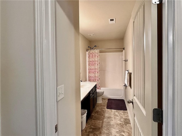 full bathroom with toilet, shower / bathtub combination with curtain, visible vents, and vanity