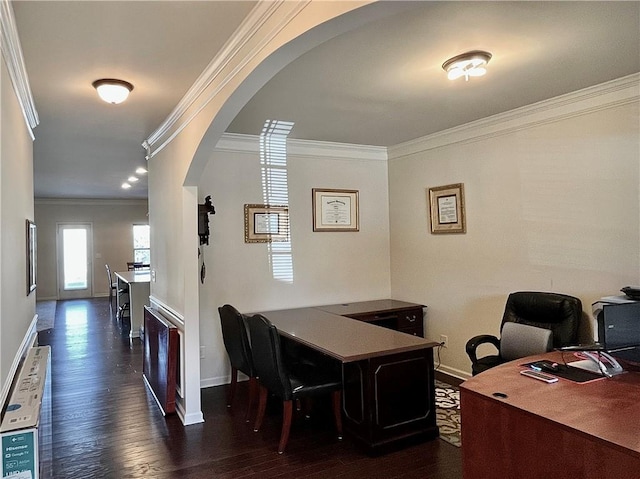 office featuring arched walkways, ornamental molding, dark wood-style floors, and baseboards