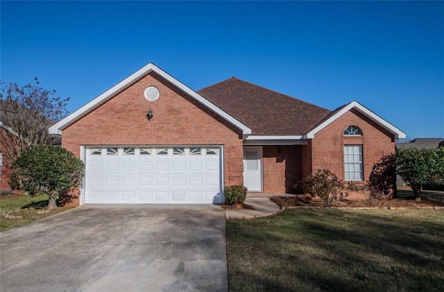 ranch-style home featuring brick siding, a front lawn, concrete driveway, roof with shingles, and a garage