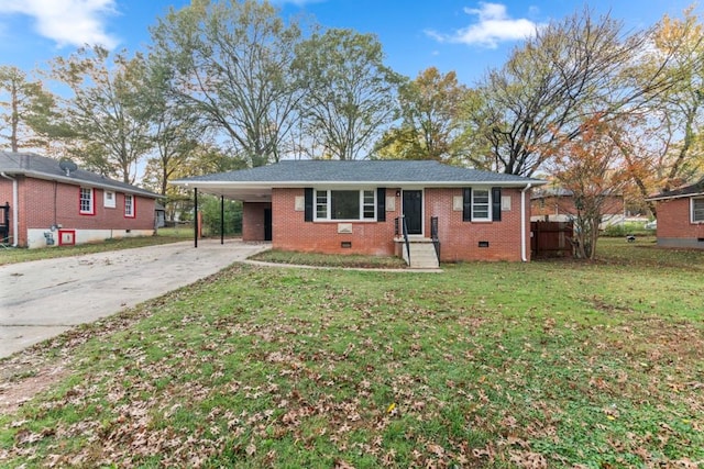 single story home featuring a front yard and a carport