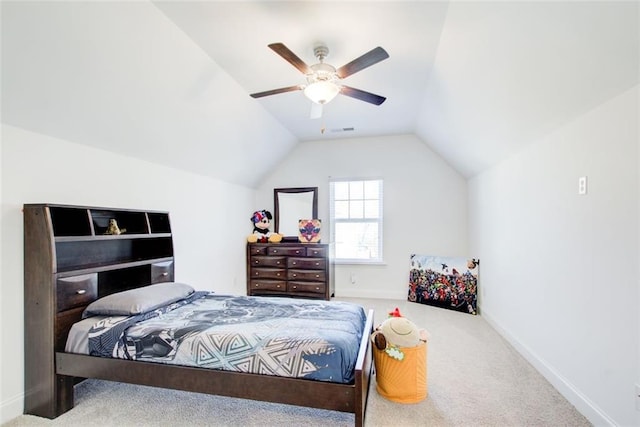 carpeted bedroom with lofted ceiling and ceiling fan