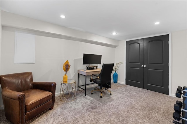 carpeted office space with baseboards and recessed lighting