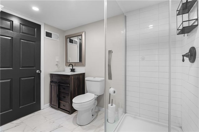 full bathroom with toilet, marble finish floor, vanity, and a stall shower